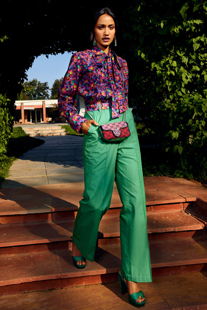 Multi Floral Pleated Shirt With Solid Green Colour Pant