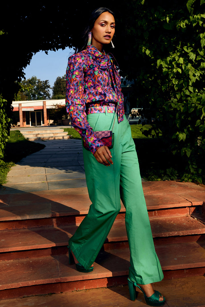 Multi Floral Pleated Shirt With Solid Green Colour Pant