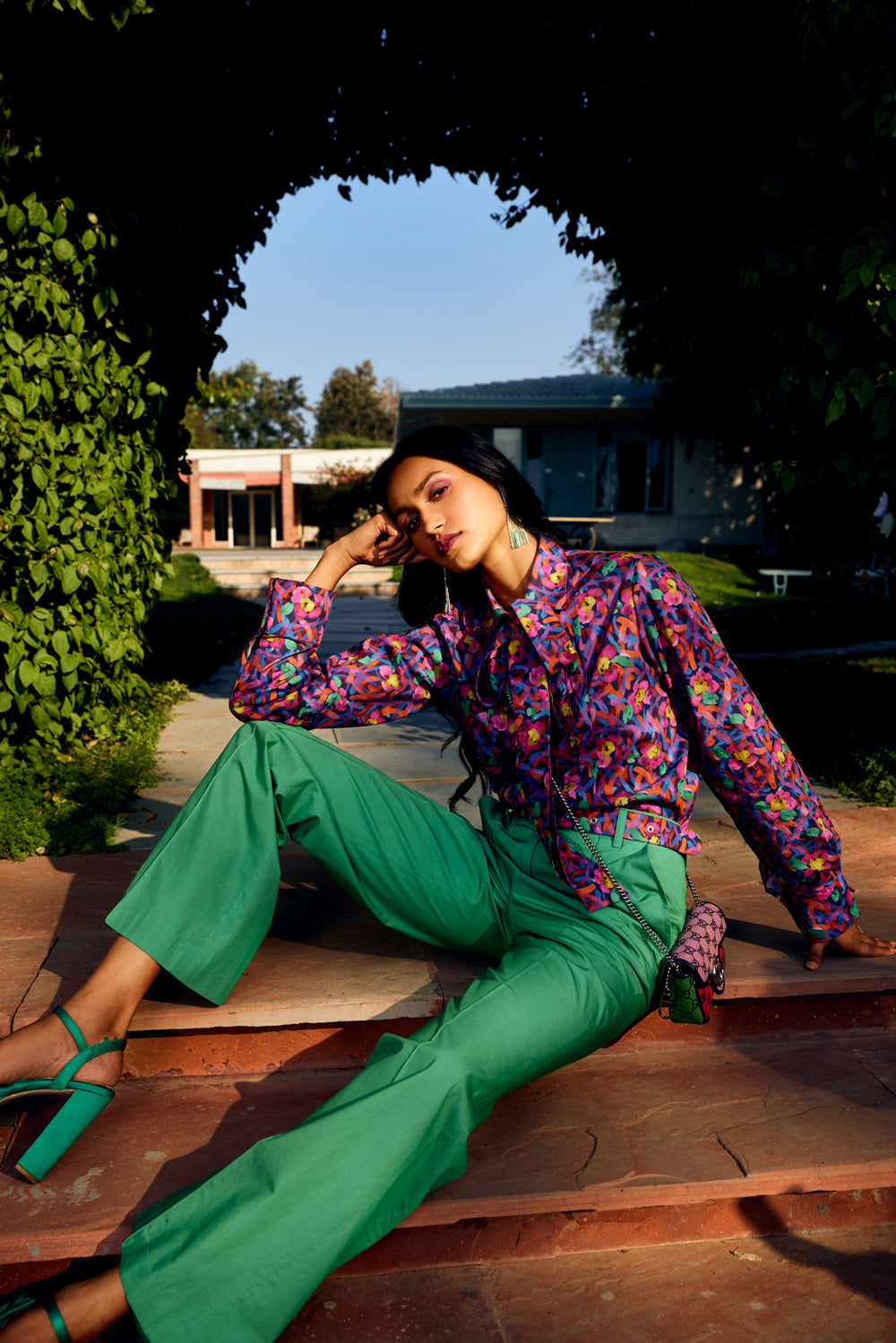 Multi Floral Pleated Shirt With Solid Green Colour Pant