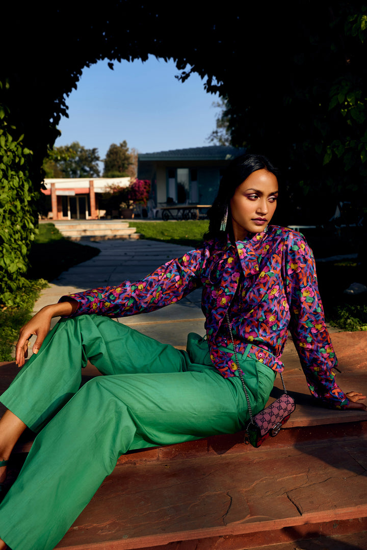 Multi Floral Pleated Shirt With Solid Green Colour Pant