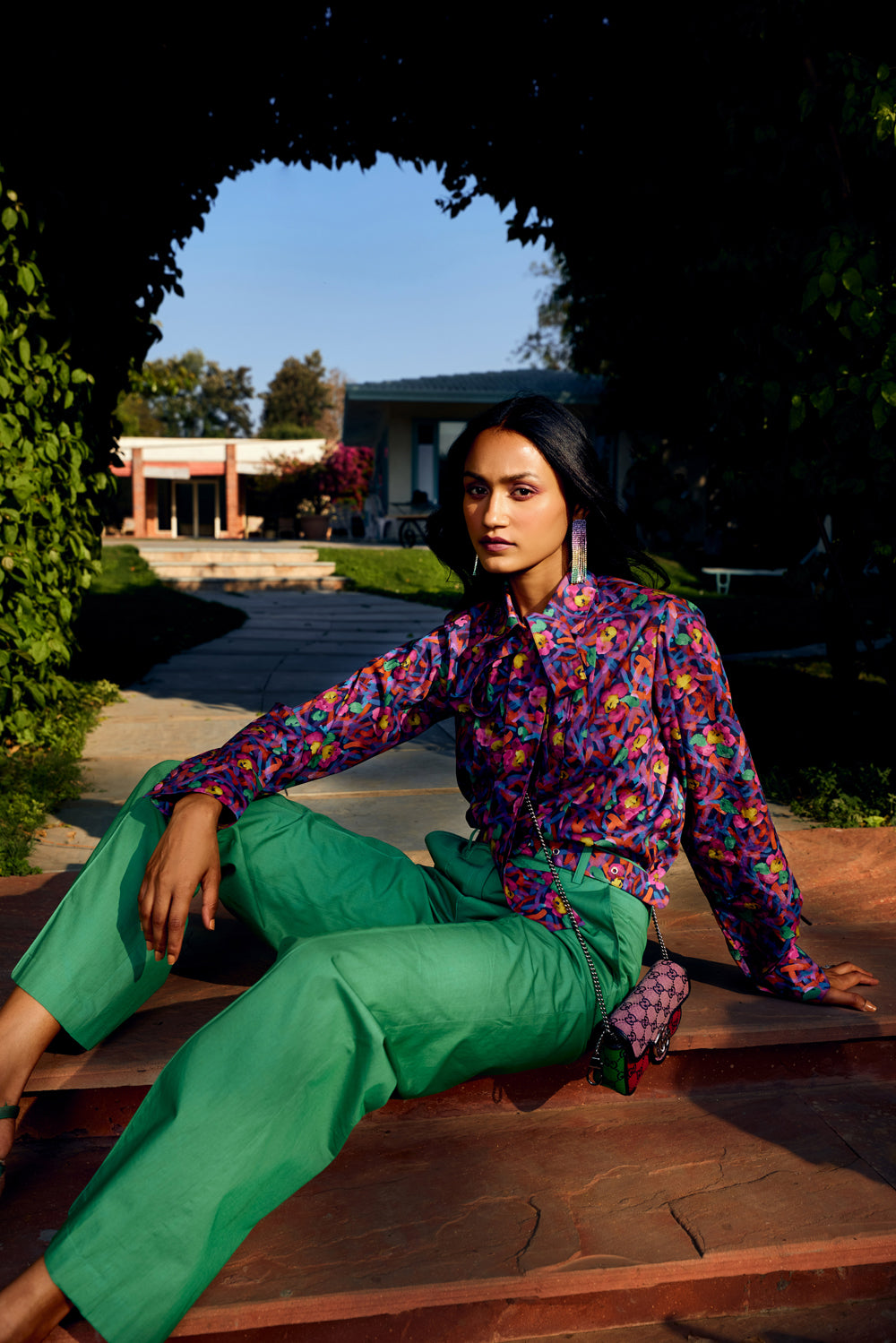 Multi Floral Pleated Shirt With Solid Green Colour Pant