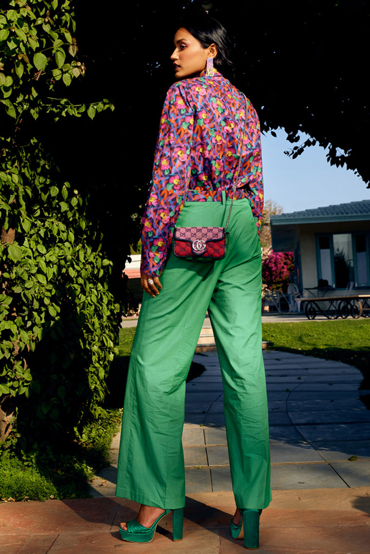 Multi Floral Pleated Shirt With Solid Green Colour Pant