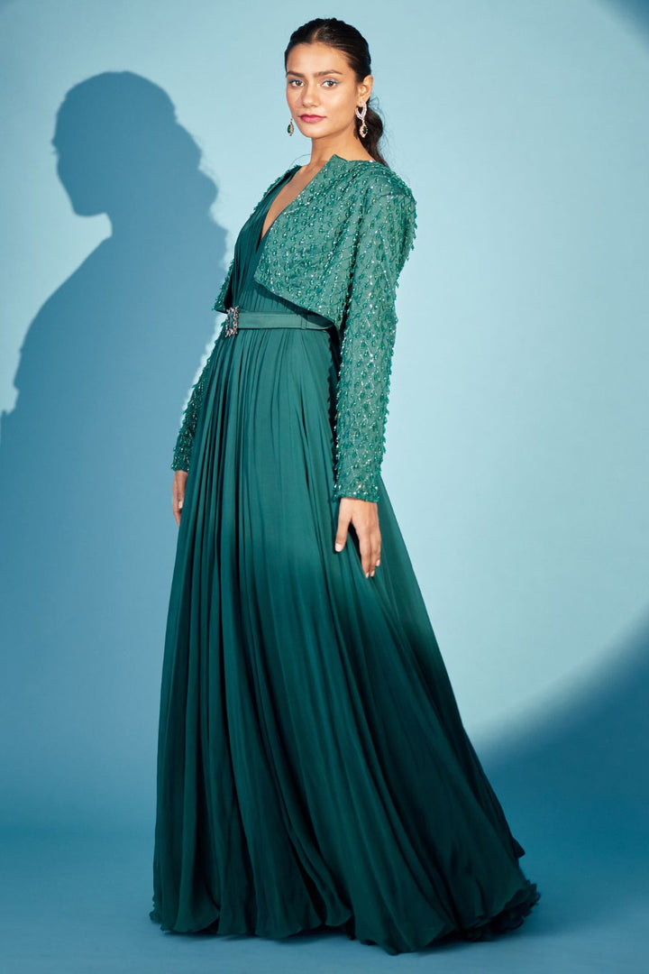 Bottle Green Gown With Jacket Set