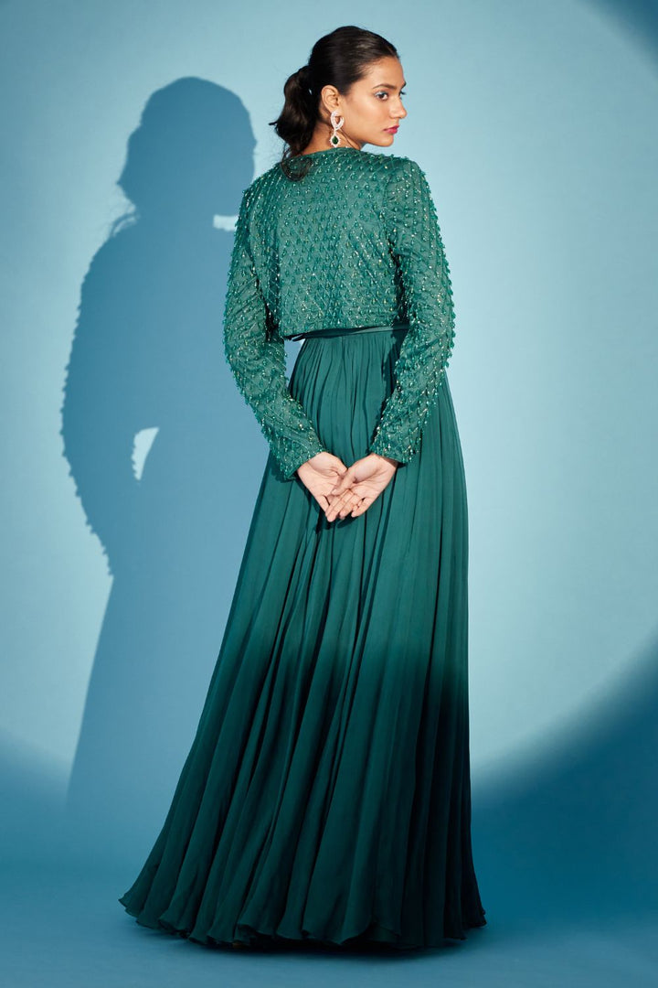 Bottle Green Gown With Jacket Set