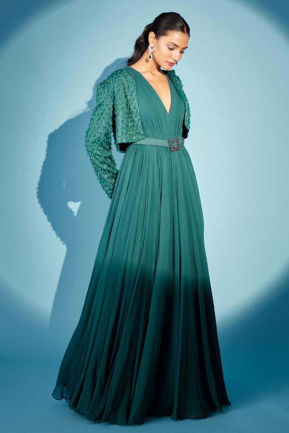 Bottle Green Gown With Jacket Set