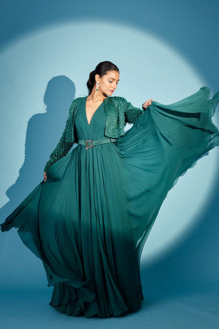 Bottle Green Gown With Jacket Set