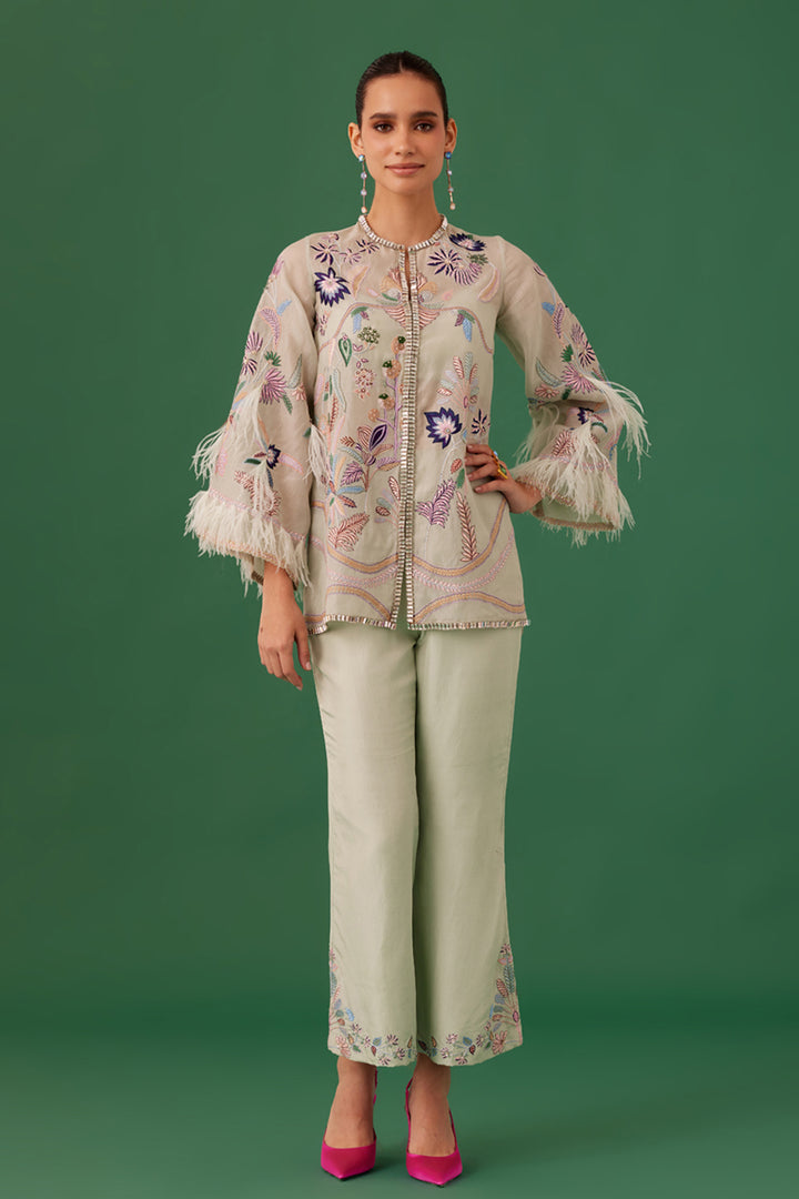 Cream Embroidered Shirt & Pant Set