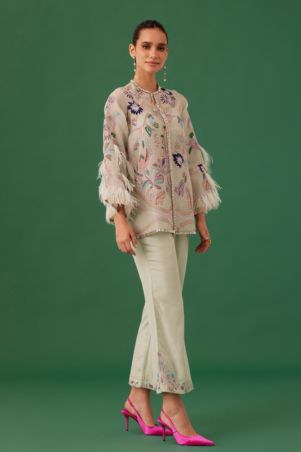 Cream Embroidered Shirt & Pant Set