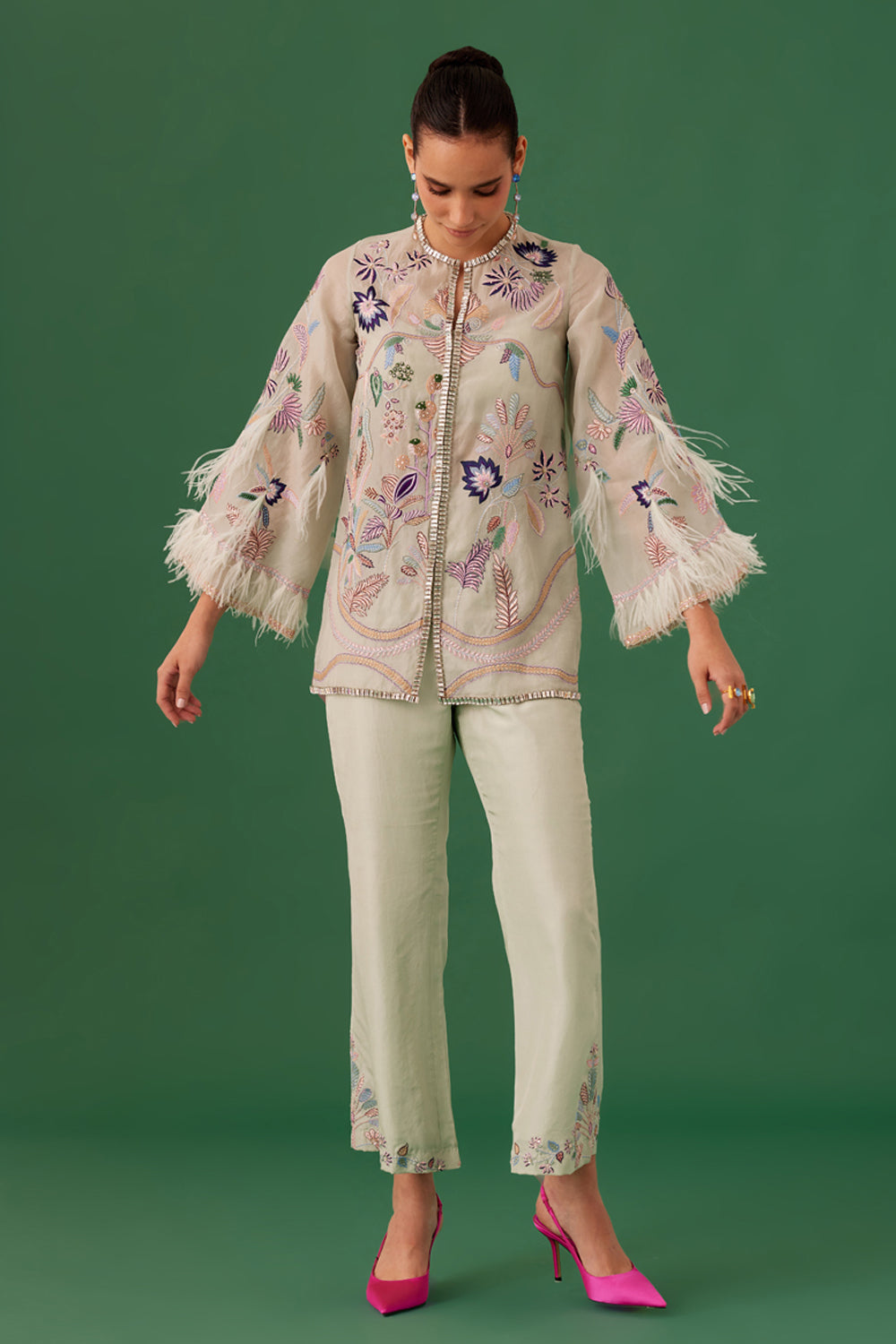 Cream Embroidered Shirt & Pant Set