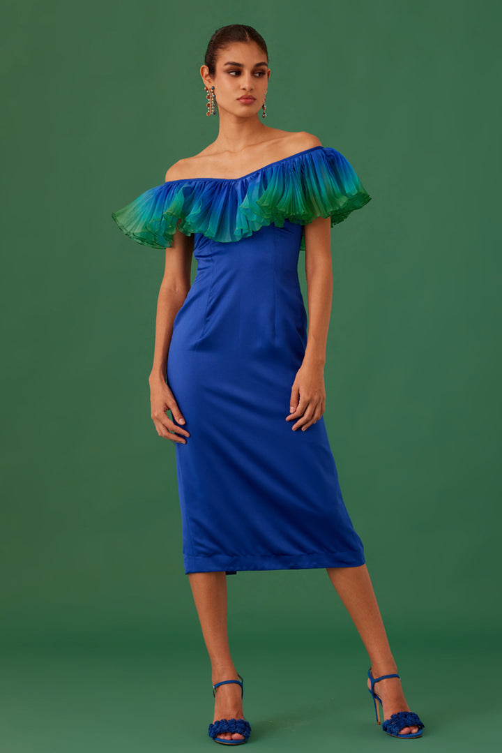 Blue Bodycon Off-Shoulder Dress